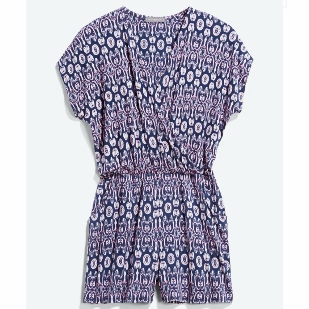 Loveappella Aleena Knit Romper, Size S, Blue/White